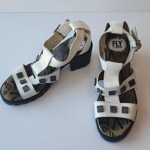 Fly London White Leather Heeled Sandals With Square Studs Size 7